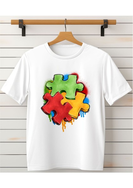 Puzzle Baskılı Bisiklet Yaka T-Shirt