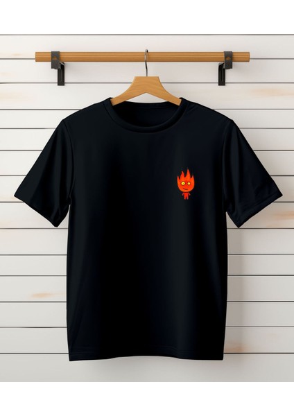 Ateş ve Su Baskılı T-Shirt - Bisiklet Yaka Kısa Kol Tişört