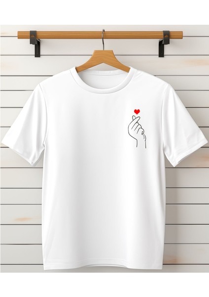 Sevgili Tişört- Kore Parmak Kalp Baskılı Bisiklet Yaka Tişört/t-Shirt- (Tek Adet Fiyatıdır.)