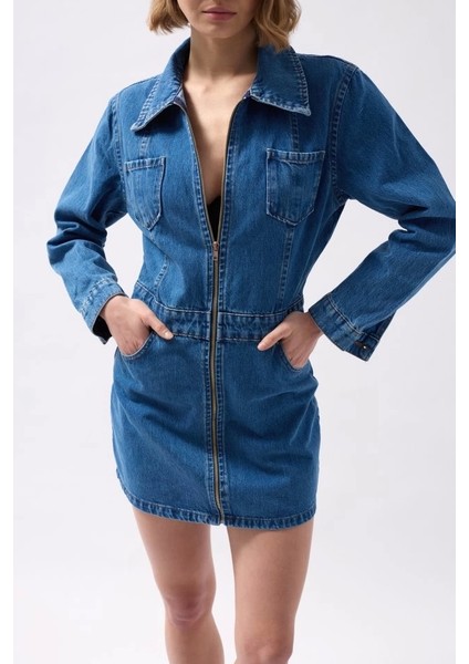 Cep Detaylı Fermuarlı Denim Elbise