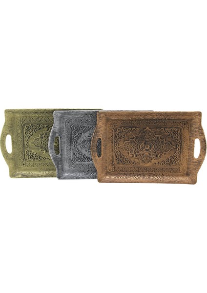 Dikdörtgen Eskitme Yaldızlı Antik Tepsi Kulplu Sarı - Gümüş - Bakır 29X38.5CM (3791)