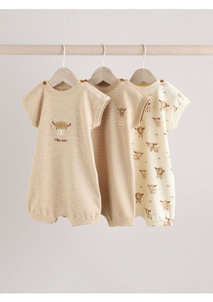 %100 Pamuklu Krem Boğa Desenli 3'lü Romper Set