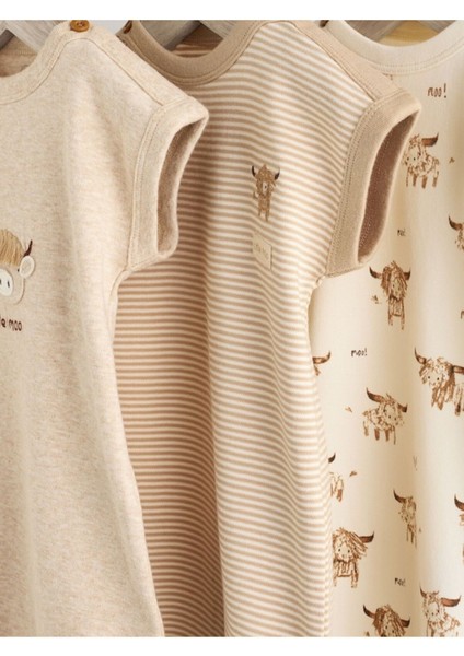 %100 Pamuklu Krem Boğa Desenli 3'lü Romper Set modelleri