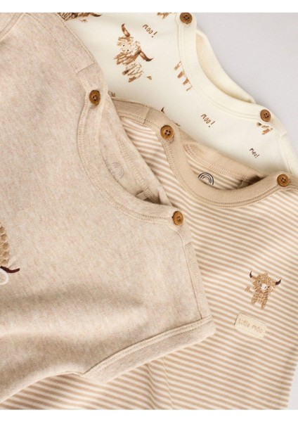 %100 Pamuklu Krem Boğa Desenli 3'lü Romper Set fırsatları
