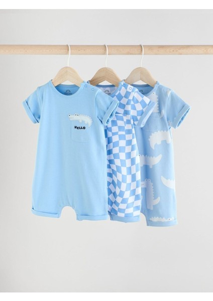 Pamuklu Mavi Timsah Desenli 3'lü Romper Set