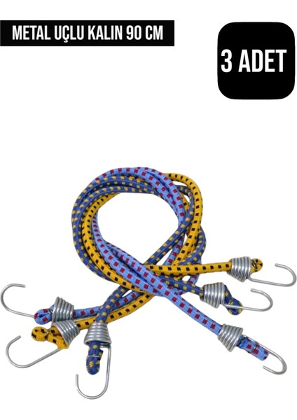 ( 3 Adet ) Bagaj Lastiği Metal Kancalı Gergi Halatı 90 cm | Otomobil Bisiklet Kancalı Gergi