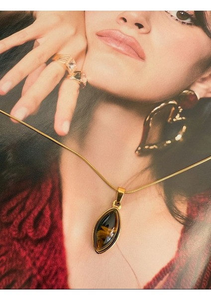 Oval Kahverengi Taşlı Kararmaz Çelik Kadın Gold Kolye – Modern ve Şık Tasarım