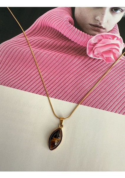 Oval Kahverengi Taşlı Kararmaz Çelik Kadın Gold Kolye – Modern ve Şık Tasarım fiyatları