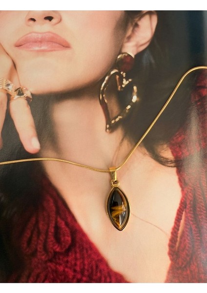 Oval Kahverengi Taşlı Kararmaz Çelik Kadın Gold Kolye – Modern ve Şık Tasarım modelleri