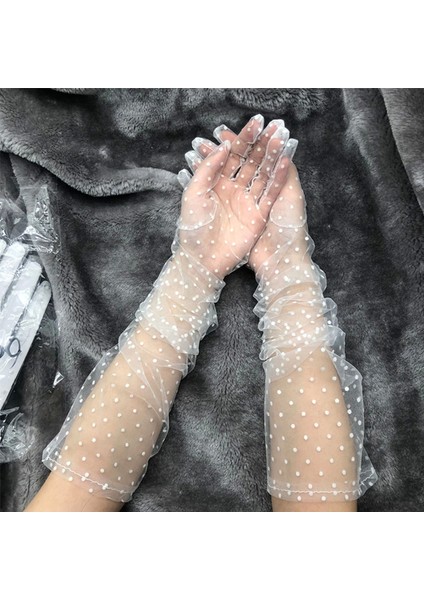 Uzun Boy Beyaz Puantiyeli Beyaz Renk Yetişkin Tül Eldiven 55 cm fırsatları