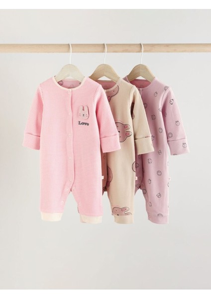 Pamuklu Pembe Tavşan Desenli 3'lü Tulum Set