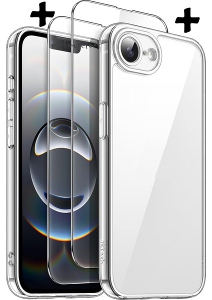 Apple iPhone 16E Kılıf Kamera Korumalı Yumuşak Şeffaf Silikon + 9h Ekran Koruyucu Cam 2in1 Set