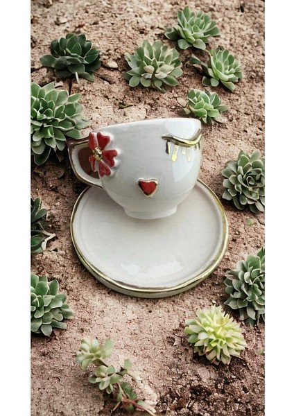 Papatya Kalp Göz Seramik Mug Kupa 24K Altın Kaplama