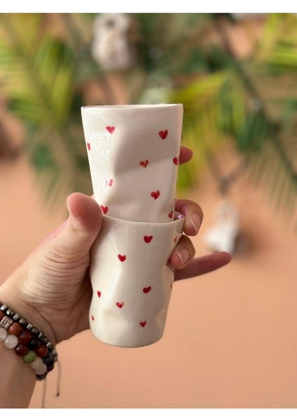 Kalpli Detay Seramik Buruşuk Bardak Kahve Fincanı 2li