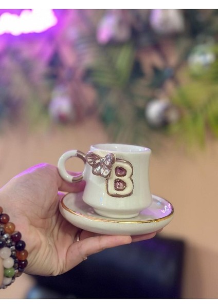 Kelebek B Harf Detay Seramik Mug Kupa 24K Altın Kaplama