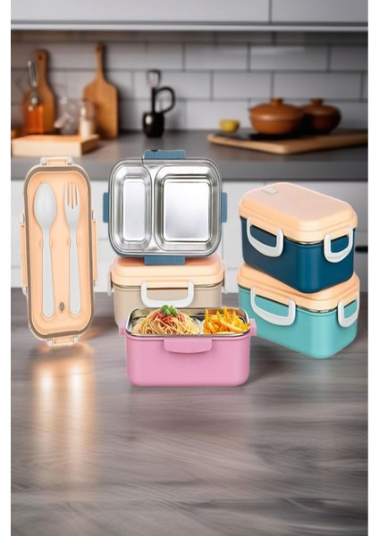 1 Adet Benmarili Paslanmaz Çelik Yemek Kabı 2 Bölmeli Beslenme Kabı Saklama Kabı Lunch Box