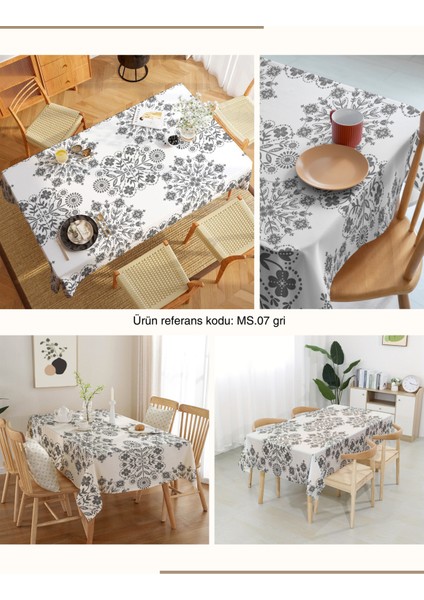 Gri Çiçek Motif Desenli Dijital Baskı Dertsiz Kumaş Masa Örtüsü