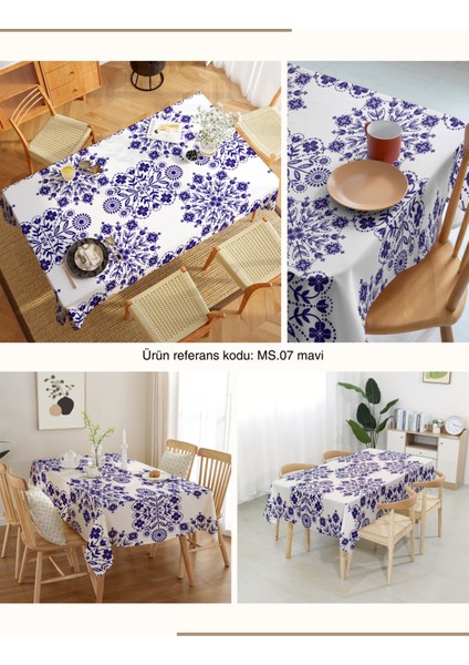 Mavi Çiçek Motif Desenli Dijital Baskı Dertsiz Kumaş Masa Örtüsü
