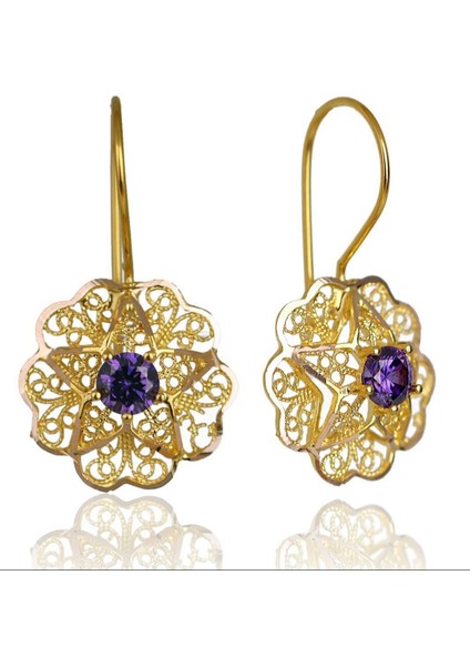 Lila Rengli Taşlı Gül Küpe 2,95 gr