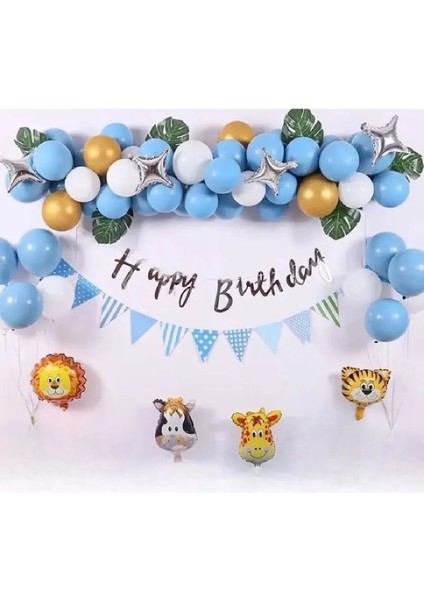 Mavi Balon Safari Folyo Kafalı Doğum Günü Balon Parti Seti Süsü