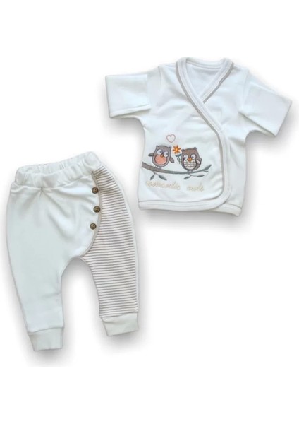 Romantik Çift Baykuş Nakışlı Cotton Antibakteriyel 5li Zıbın Takımı Hastane Çıkışı