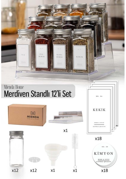 12'li Şeffaf Merdiven Standlı Cam Baharatlık Seti Etiket Fırça ve Huni Hediyeli