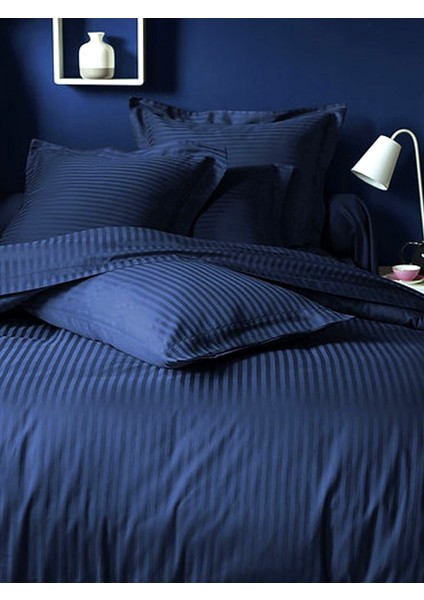 Premium Lacivert Çizgili Saten Çift Kişilik Nevresim Takımı