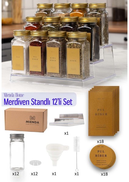 12'li Şeffaf Merdiven Standlı Cam Baharatlık Seti Etiket Fırça ve Huni Hediyeli