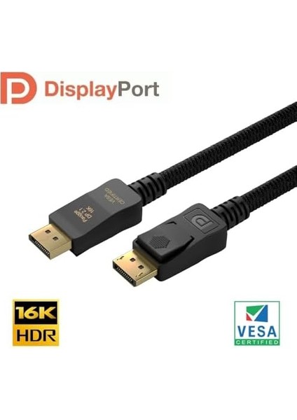 Vesa Sertifikalı Displayport 2.1 Kablo - 80 Gbps UHBR20, 1.2 Metre, 16K 60HZ, 8k 120Hz, 8k 60Hz, 4K 240Hz, 4K 144Hz, 4K 120Hz, 4K 60Hz, 2k 280Hz, 1080P 380Hz, 1080P 240Hz, Hdr, Freesync, Gsync