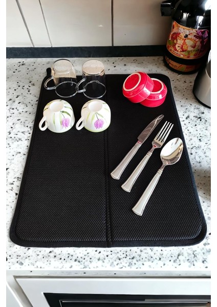 Elegance Bulaşık Kurutma Matı, Bulaşık Kurutma Örtüsü, Kaymaz Taban Emici Bulaşıklık, Katlanır Bulaşık Matı (49 x 40 cm ) Siyah