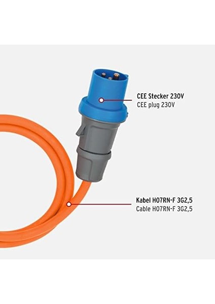 Cee Fişli ve Açılı Bağlantılı Kamp Cee Uzatma Kablosu, Topraklı Kombi Priz Dahil (25 M Kablo, Turuncu, 230 V/16 A, Dış Mekanda Kullanım, Almanya'da Üretilmiştir)