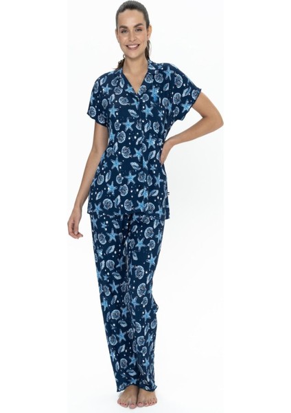 20084 Kadın Lacıvert Kısa Kollu Boydan Patlı Pijama Takımı