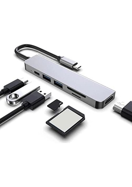 Macbook Pro Huawei Dell Uyumlu Type C To 4K HDMI + USB 3.0 + Sd/tf + Pd + Type-C, Taşınabilir 7in1 Adaptör