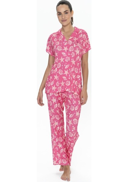 20084 Kadın Fusya Kısa Kollu Boydan Patlı Pijama Takımı