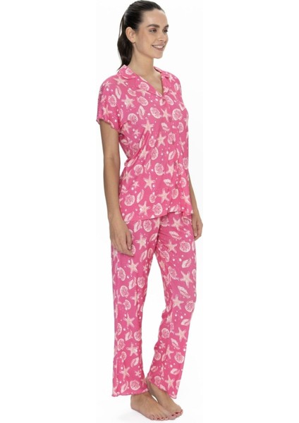 20084 Kadın Fusya Kısa Kollu Boydan Patlı Pijama Takımı