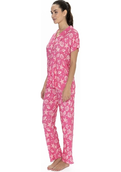 20084 Kadın Fusya Kısa Kollu Boydan Patlı Pijama Takımı
