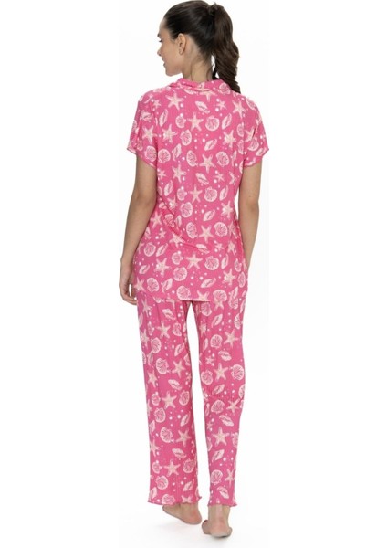 20084 Kadın Fusya Kısa Kollu Boydan Patlı Pijama Takımı