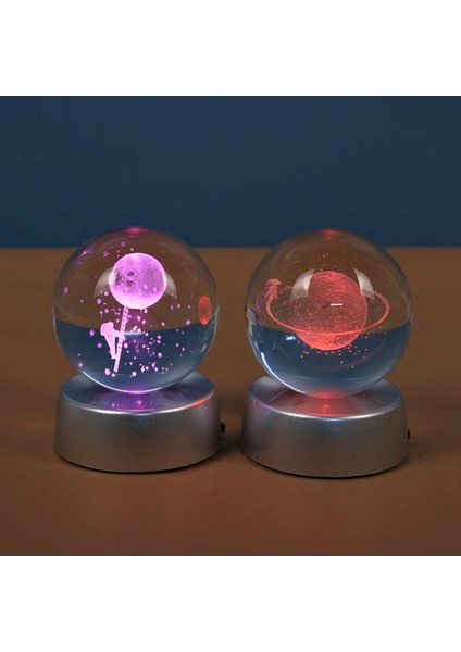 2'li Satürn Kız ve Astronot Işıklı Cam Küre 8cm*6cm