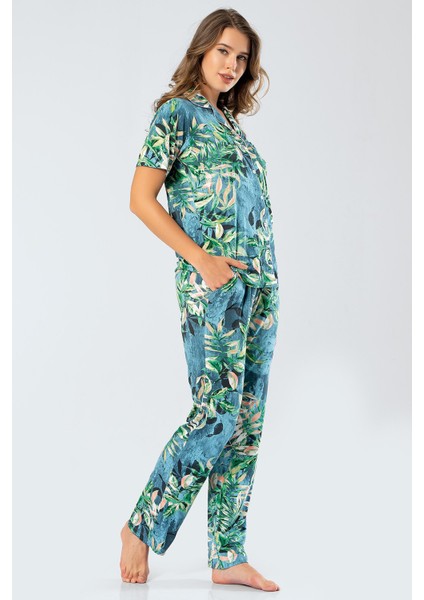 3355 Petrol Kadın Yapraklı Kısa Kollu Gömlek Yaka Pijama Takım fiyatları