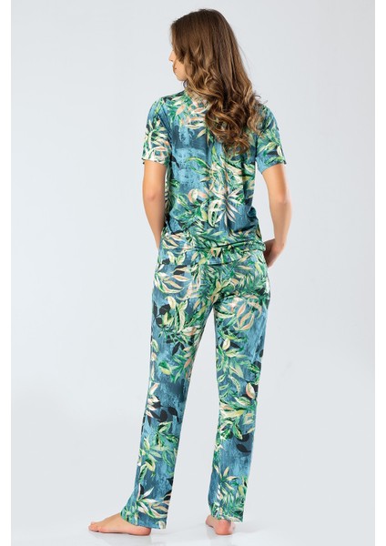 3355 Petrol Kadın Yapraklı Kısa Kollu Gömlek Yaka Pijama Takım modelleri