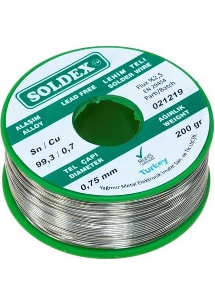 0.75 mm 200 G Kurşunsuz Lehim Teli (%99,3 Sn /%0,7 Cu)