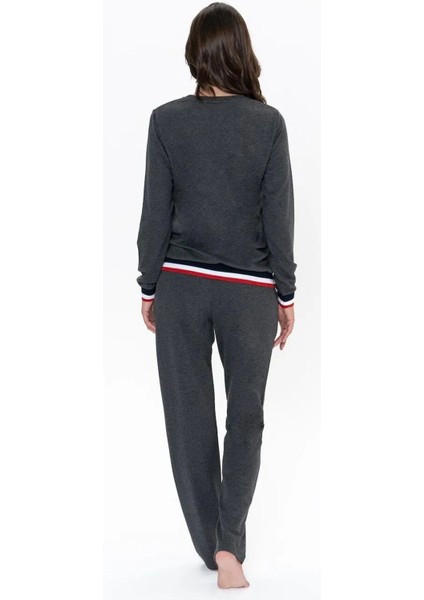 20110 Kadın Antrasıt Melanj Uzun Kollu Yuvarlak Yaka Pijama Takımı modelleri