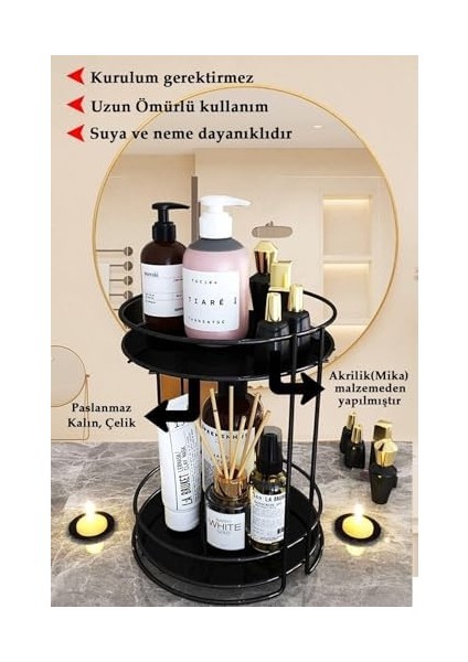 Haus Banyo Kozmetik Takı Düzenleyici Çok Amaçlı Organizer 2 Katlı Servis Sunum Tepsisi Ikramlık Siyah modelleri