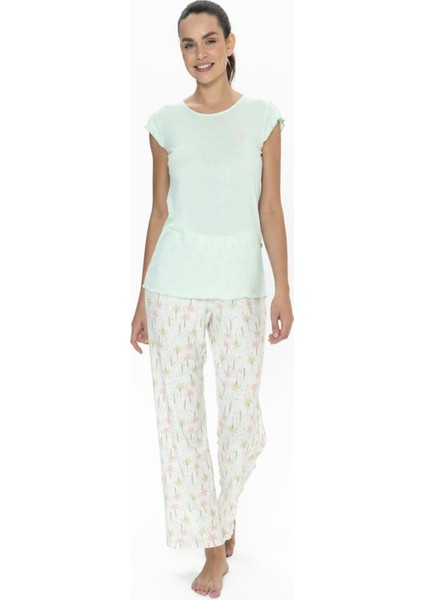 20079 Kadın Mınt Kısa Kollu Yuvarlak Yaka Pijama Takımı