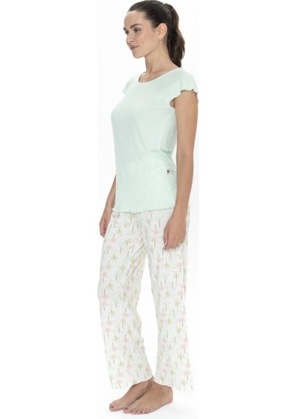 20079 Kadın Mınt Kısa Kollu Yuvarlak Yaka Pijama Takımı