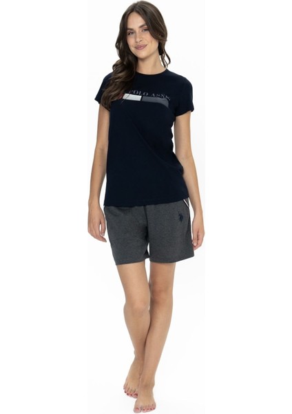 20004 Kadın Lacıvert Kısa Kollu Yuvarlak Yaka Şort Takım