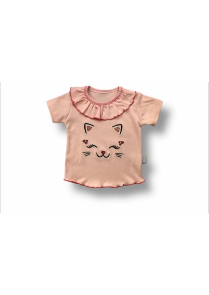 6-9 9-12 12-18 Ay Vip Kedi Baskılı Bandanalı Kısa Kollu Sweat 3lü Kız Bebek Takımı
