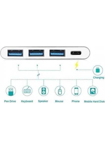 Type-C USB 3.0 3 Port Çoğaltıcı Dönüştürücü Çevirici, Macbook, Type C USB Çoklayıcı
