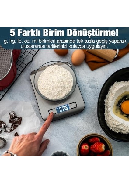 Dijital Mutfak Terazisi - Paslanmaz Çelik Yüzeyli Hassas Mutfak Tartısı - Dara Işlevi, LED Ekran, 5 Birim Dönüştürme ve Otomatik Kapanma Özellikli - 5 kg Tartı Kapasitesi modelleri