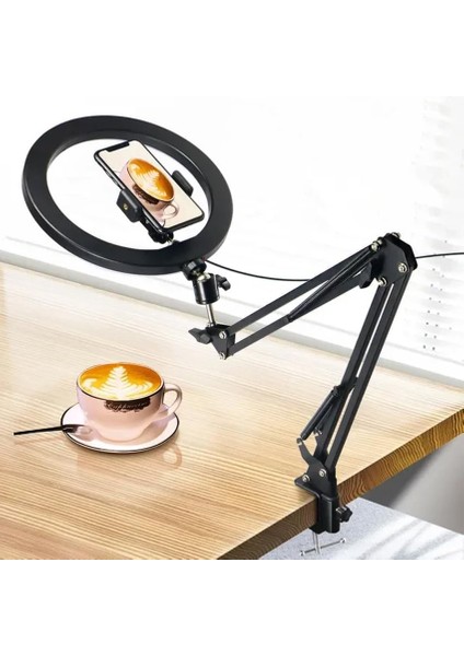 Kıskaçlı 10 Inch Youtuber LED Işıklı Halka Telefon Tutuculu Yüksekliği ve Açısı Ayarlanabilir 10 Inch 26 cm Selfie Yayıncı Makyaj Işığı Masa Kenarına Monte Edilebilir HLK-012A